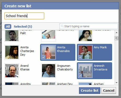 Create Facebook friend lists