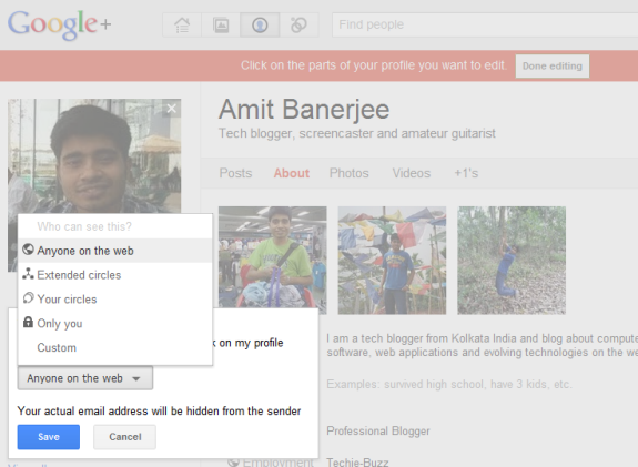 Choose the visibility of email option in Google Plus