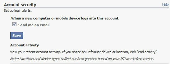Facebook Account activity - Login alerts