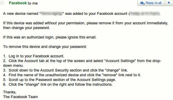 Facebook Login Alert Email