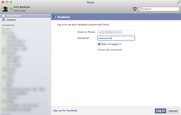 Login to Facebook account in Skype