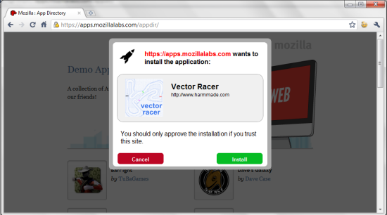 INstalling apps from Mozilla web store