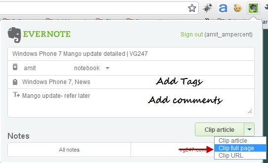 Save a complete webpage to evernote account