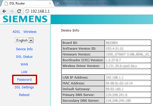 DSL Router settings page