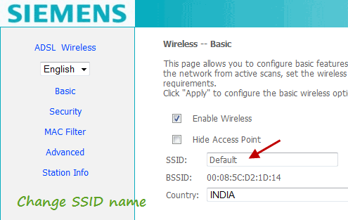 Change the name of network SSID in a DSL Router