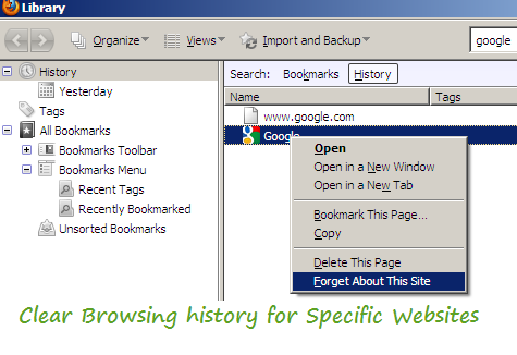 Clear Firefox browsing history for Specific websites