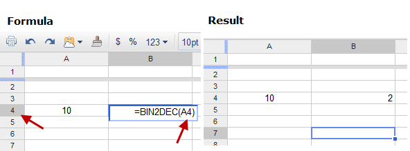 Convert Binary Number to Decimal in Google Docs Spreadsheets
