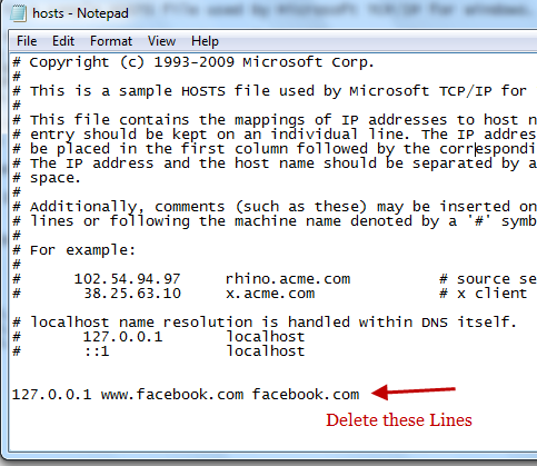 Check if Facebook is Blocked from Windows Host file