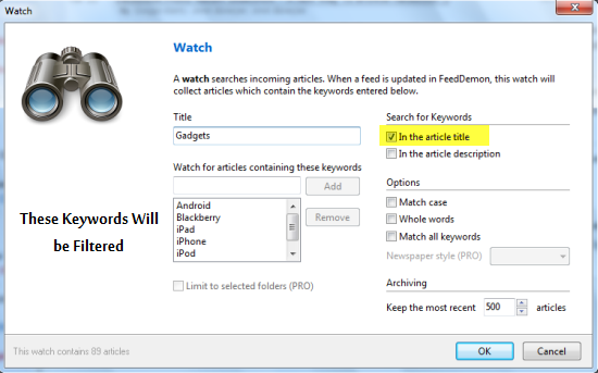 Using The Watch Folder In Feeddemon - Filter Keywords