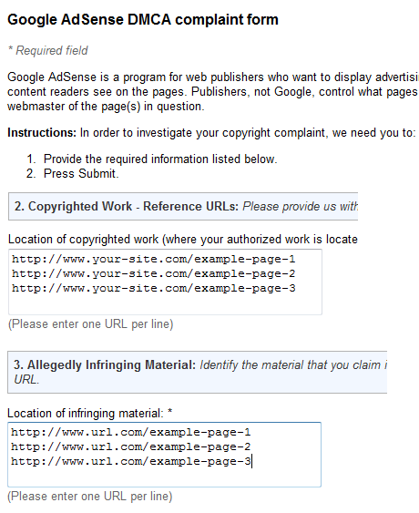 Google Adsense DMCA Complaint Form