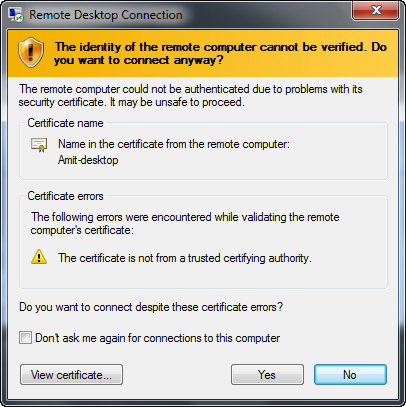 remote desktop warning message in windows7 - identity detection