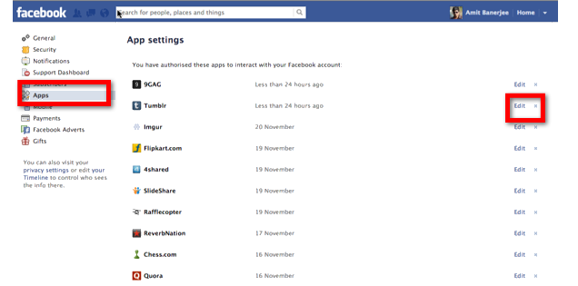 Remove specific application permissions from facebook