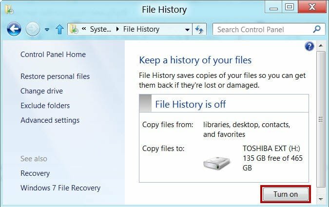 Turn on File history in Windows 8