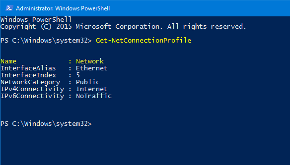 use powershell to Set Private Network in Windows 10