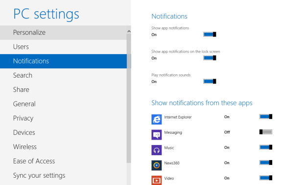 Configure windows8 notification settings